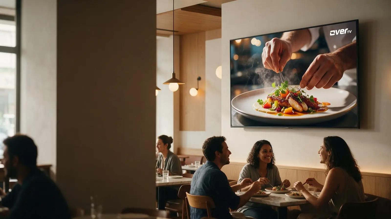 Clientes almoçando em um restaurante, com uma TV exibindo um canal de gastronomia e o logo OverTV