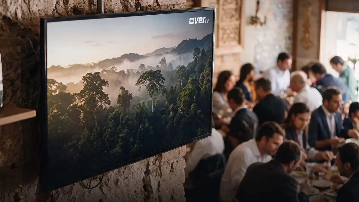 TV ligada em um restaurante exibindo uma paisagem de floresta, com clientes à mesa