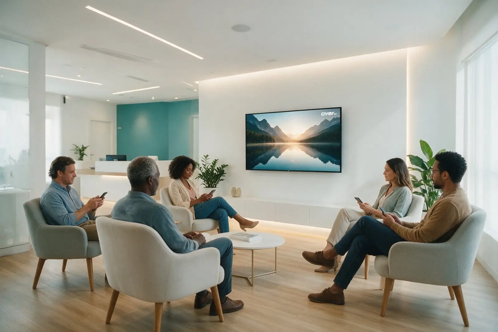 Pacientes na sala de espera de uma clínica, com uma TV ligada