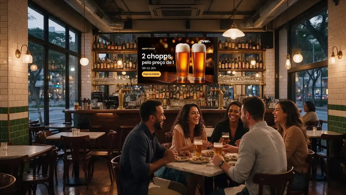 Amigos em um bar, com uma TV ligada ao fundo